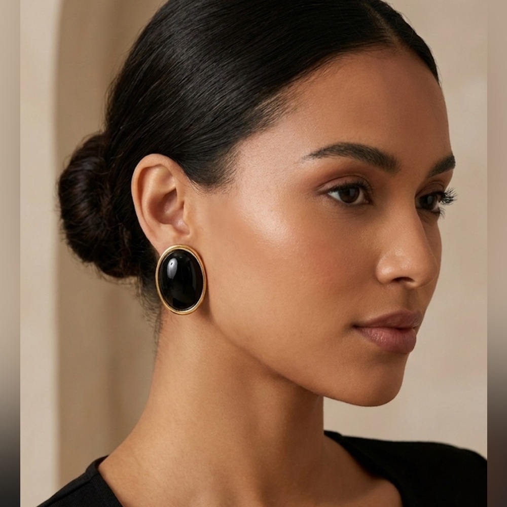 Vintage Black and Gold large Oval Pieced Earrings